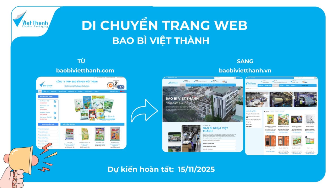 THÔNG BÁO DI CHUYỂN TRANG WEB BAO BÌ VIỆT THÀNH SANG TÊN MIỀN MỚI 2 Di chuyển trang web Bao Bì Việt Thành – Nâng cấp nền tảng trực tuyến, tối ưu trải nghiệm khách hàng